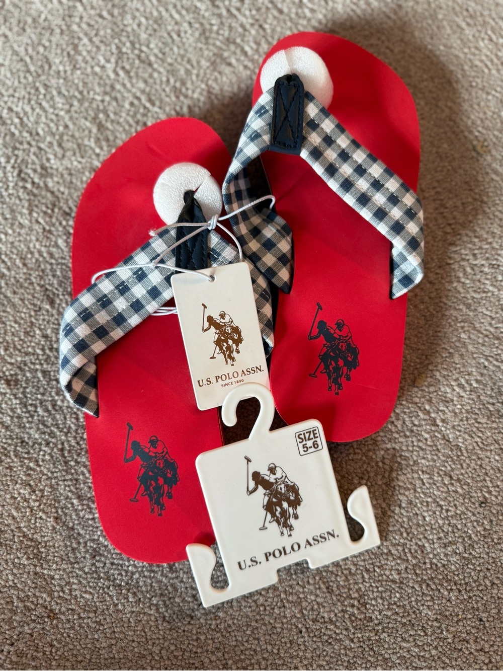 U.S. Polo Assn. Kids Red Flip Flops with Navy Plaid Straps